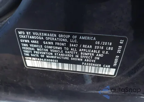 2018 Volkswagen Passat 3.6L V6 Gt z USA, uszkodzony, nr VIN 1VWJM7A34JC038032